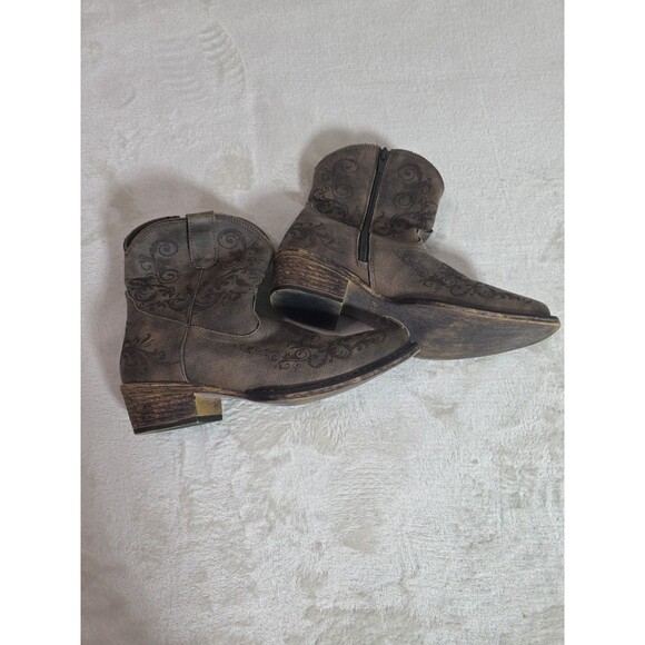 Roper Boots Women’s 6.5 Short Stuff Western Embroidery Snip Toe Brown Zip Ankle - Picture 2 of 8